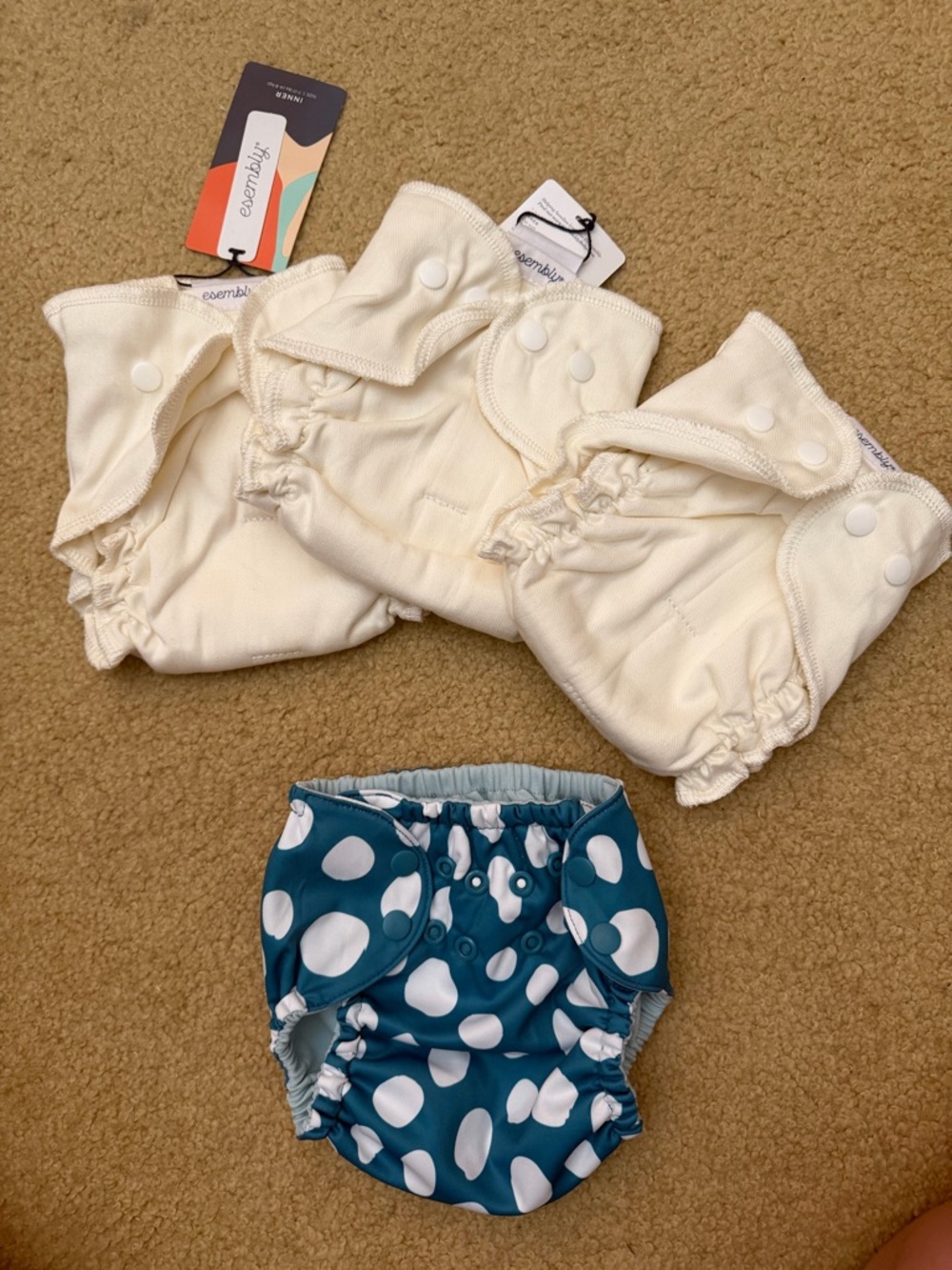 Esembly Cotton Cream inner and Teal Polka Dot outer Reusable diapers  NWT